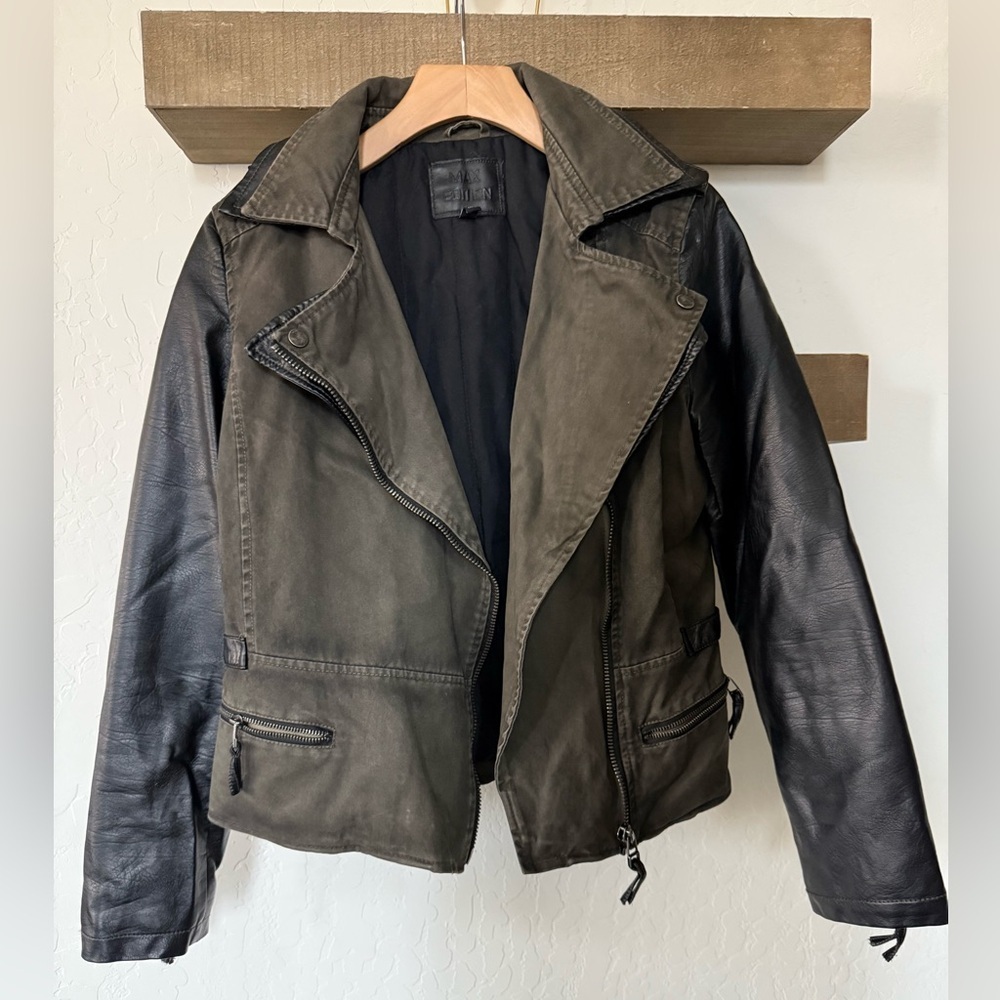 Max Edition|Faux leather & olive canvas utility jacket,color block•••Size Small